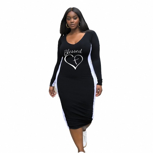 Plus Size Black Women's Clothing Spring Printed Letter Matching Midi Dress