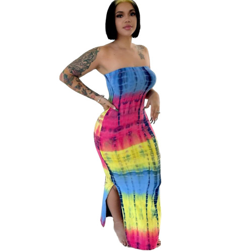 Casual Tie Dye Print Slit Off The Shoulder Sexy Maxi Dress