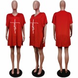 Solid Red Bat Sleeve V Neck Side-Slit Top & Biker Shorts Set