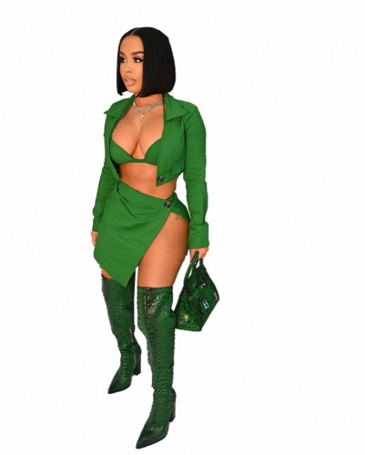 Green Sexy Three Set Bra and Skirt With Cardigan Jacket