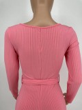 Pink Elegant Knitted Ribbed Pencil Long Sleeve Jumpsuit Office Lady V-neck with Sashes High Waist One Piece Overall Playsuits