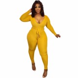Yellow Elegant Knitted Ribbed Pencil Long Sleeve Jumpsuit Office Lady V-neck with Sashes High Waist One Piece Overall Playsuits