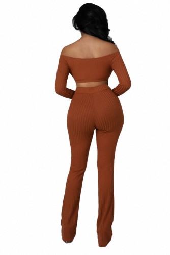 Spring Autumn Brown Ribbed Off Shoulder Cutout Top & Flared Pants Set
