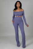Spring Autumn Lavender Ribbed Off Shoulder Cutout Top & Flared Pants Set