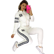 Casual White Printed Zipper Two Piece Clothing Sportswear Ladies 2 Piece Set Women