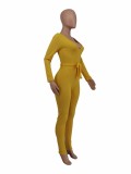 Yellow Elegant Knitted Ribbed Pencil Long Sleeve Jumpsuit Office Lady V-neck with Sashes High Waist One Piece Overall Playsuits