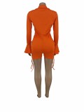 Solid Color Orange V Neck Long Sleeve Shorts Jumpsuit