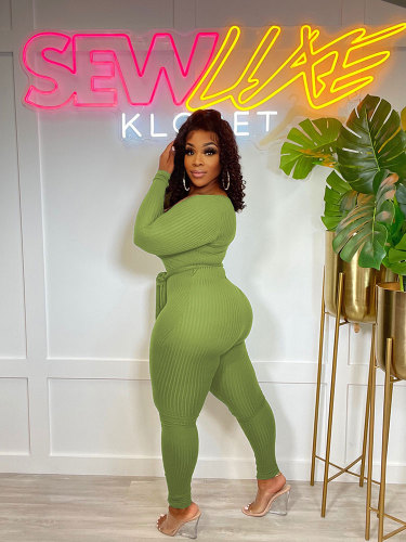 Green Elegant Knitted Ribbed Pencil Long Sleeve Jumpsuit Office Lady V-neck with Sashes High Waist One Piece Overall Playsuits