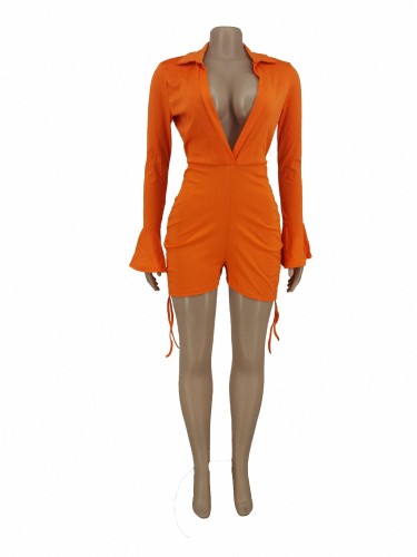 Solid Color Orange V Neck Long Sleeve Shorts Jumpsuit