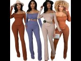 Spring Autumn Apricot Ribbed Off Shoulder Cutout Top & Flared Pants Set