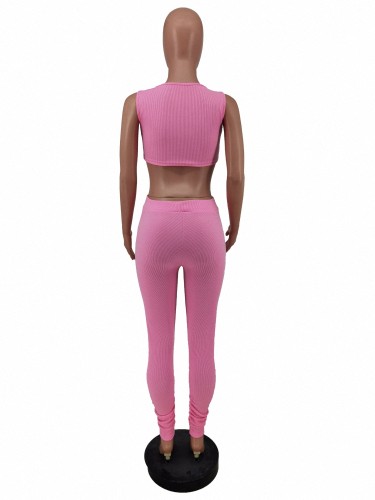 Summer Pink Sleeveless Cutout Crop Vest and Long Pants 2 Pieces