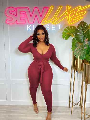 Wine Red Elegant Knitted Ribbed Pencil Long Sleeve Jumpsuit Office Lady V-neck with Sashes High Waist One Piece Overall Playsuits