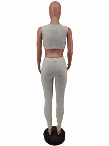 Summer Grey Sleeveless Cutout Crop Vest and Long Pants 2 Pieces