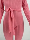 Pink Elegant Knitted Ribbed Pencil Long Sleeve Jumpsuit Office Lady V-neck with Sashes High Waist One Piece Overall Playsuits