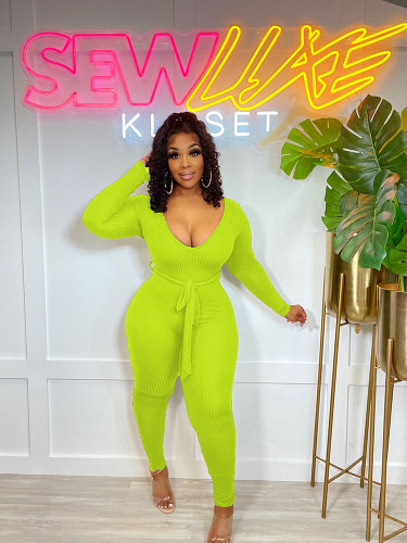 Fluorescent Green Elegant Knitted Ribbed Pencil Long Sleeve Jumpsuit Office Lady V-neck with Sashes High Waist One Piece Overall Playsuits