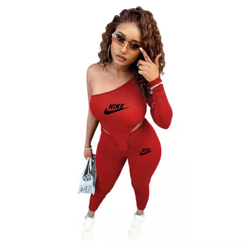Sexy Red Pit Single Shoulder Printed Two Piece Women's Clothing