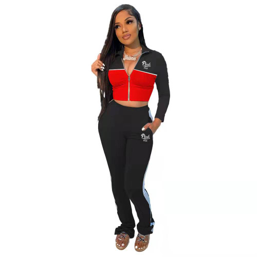 Solid Color Black/red Stitching Printed Turndown Neck Sports Two Piece Set with Pockets