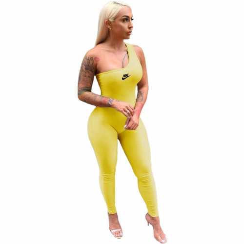 Yellow Single Shoulder Sleeveless One Piece Outfit Bodycon Skinny Jumpsuits Activewear Bodysuit Yoga Suit Rompers