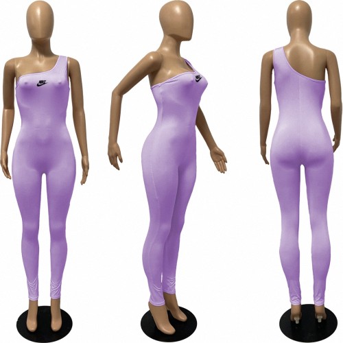 Purple Single Shoulder Sleeveless One Piece Outfit Bodycon Skinny Jumpsuits Activewear Bodysuit Yoga Suit Rompers