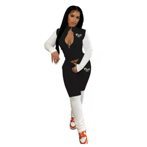 Autumn Winter Women Black/white Stitching Long Sleeve Zipper Jacket Trendy Printed Matching Sets