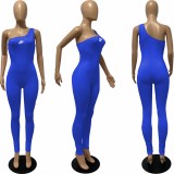 Blue Single Shoulder Sleeveless One Piece Outfit Bodycon Skinny Jumpsuits Activewear Bodysuit Yoga Suit Rompers