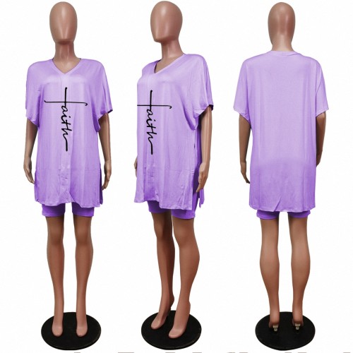Solid Purple Bat Sleeve V Neck Side-Slit Top & Biker Shorts Set