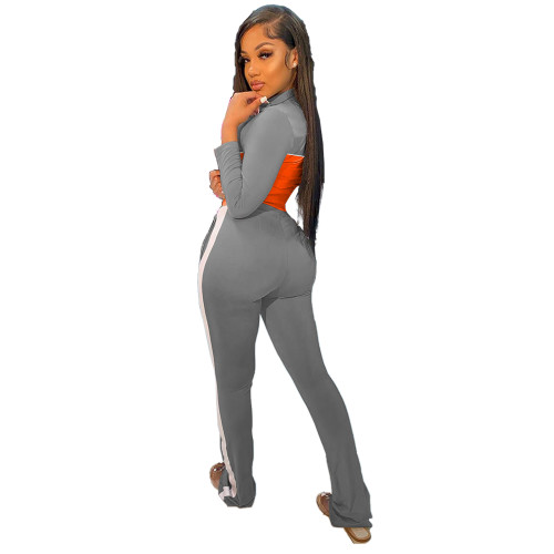 Solid Color Grey/orange Stitching Printed Turndown Neck Sports Two Piece Set with Pockets