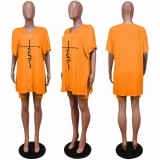 Solid Orange Bat Sleeve V Neck Side-Slit Top & Biker Shorts Set