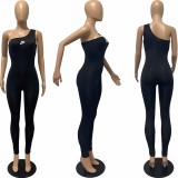 Black Single Shoulder Sleeveless One Piece Outfit Bodycon Skinny Jumpsuits Activewear Bodysuit Yoga Suit Rompers