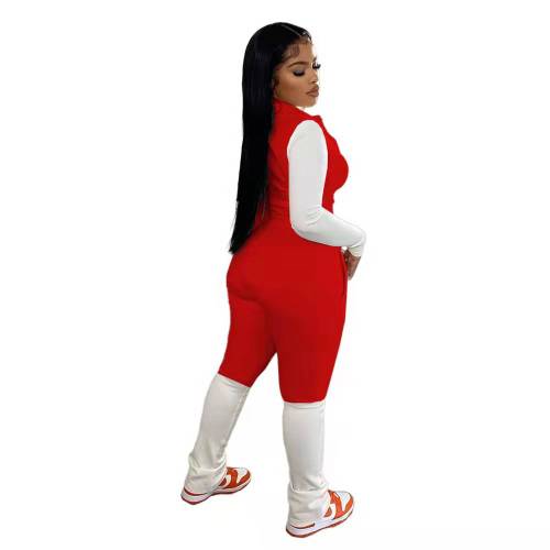 Autumn Winter Women Red/white Stitching Long Sleeve Zipper Jacket Trendy Printed Matching Sets