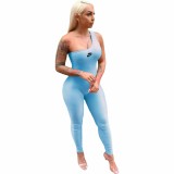 Sky Blue Single Shoulder Sleeveless One Piece Outfit Bodycon Skinny Jumpsuits Activewear Bodysuit Yoga Suit Rompers