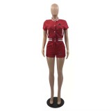 Summer Red Print Ladies Jacket Set Single Breasted Short Sleeve Baseball Uniform Two Pieces