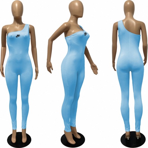 Sky Blue Single Shoulder Sleeveless One Piece Outfit Bodycon Skinny Jumpsuits Activewear Bodysuit Yoga Suit Rompers