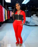 Solid Color Red/black Stitching Printed Turndown Neck Sports Two Piece Set with Pockets
