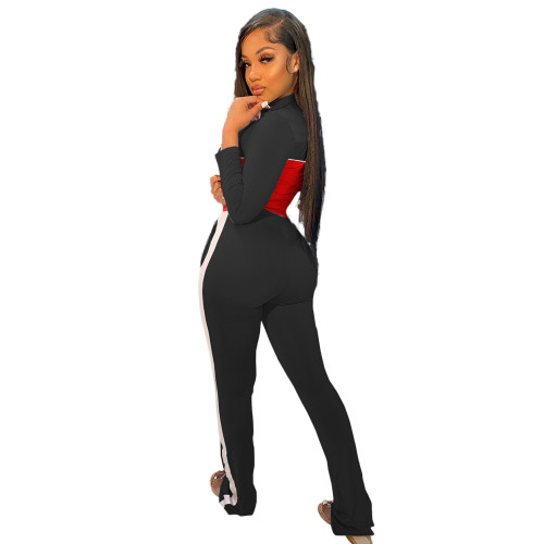 Solid Color Black/red Stitching Printed Turndown Neck Sports Two Piece Set with Pockets