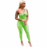 Green Single Shoulder Sleeveless One Piece Outfit Bodycon Skinny Jumpsuits Activewear Bodysuit Yoga Suit Rompers