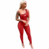 Red Single Shoulder Sleeveless One Piece Outfit Bodycon Skinny Jumpsuits Activewear Bodysuit Yoga Suit Rompers