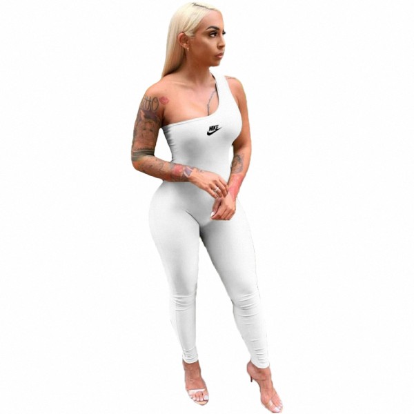 White Single Shoulder Sleeveless One Piece Outfit Bodycon Skinny Jumpsuits Activewear Bodysuit Yoga Suit Rompers