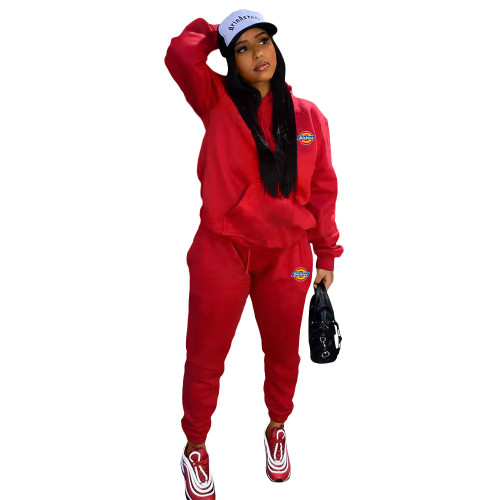 Casual Women Red Printed Two Piece Long Sleeve Trousers Hoodie Set with Pocket