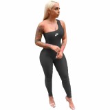 Black Single Shoulder Sleeveless One Piece Outfit Bodycon Skinny Jumpsuits Activewear Bodysuit Yoga Suit Rompers