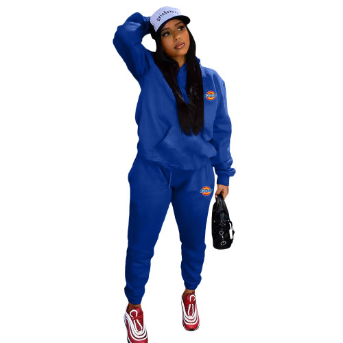 Casual Women Blue Printed Two Piece Long Sleeve Trousers Hoodie Set with Pocket