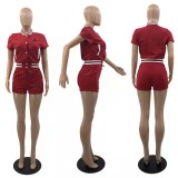 Summer Red Print Ladies Jacket Set Single Breasted Short Sleeve Baseball Uniform Two Pieces