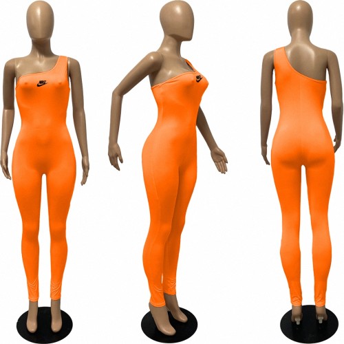 Orange Single Shoulder Sleeveless One Piece Outfit Bodycon Skinny Jumpsuits Activewear Bodysuit Yoga Suit Rompers