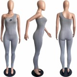 Grey Single Shoulder Sleeveless One Piece Outfit Bodycon Skinny Jumpsuits Activewear Bodysuit Yoga Suit Rompers