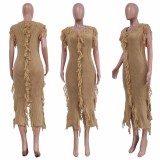 Casual Apricot Knitted Edge Distressed Tassels Sleeveless Dress