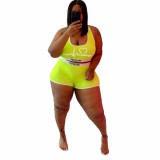 Plus Size Green Printed Tank Top And Shorts 2 Piece Sets in Valentine's Day