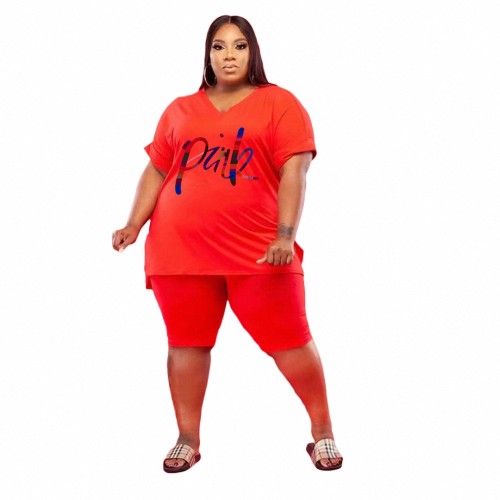 Plus Size Letter Print Pink V Neck Slit T-Shirt And Shorts Set
