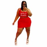 Casual Red Print Joint U Neck Vest Pencil Skirt Plus Size Two Piece Set