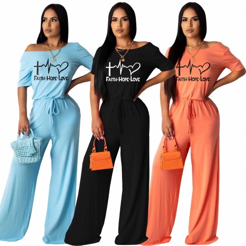 Fashion Short Sleeve Women's Casual Black Printed Letter Jumpsuit with Belted