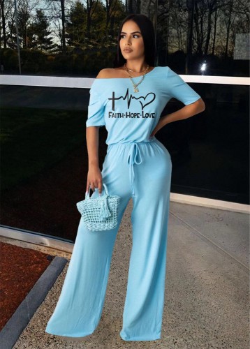 Fashion Short Sleeve Women's Casual Light Blue Printed Letter Jumpsuit with Belted